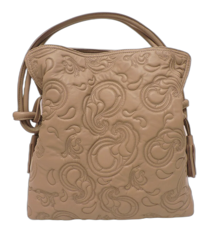 Beige Drawstring Nappa Leather Shoulder Bag
