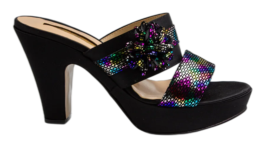 Black/Multi Double Strap Wedge Slippers