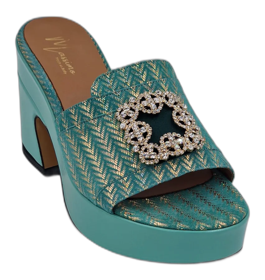Mint/Gold Chevron Low Wedge Slippers