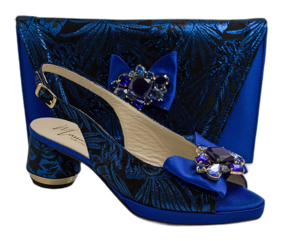 Royal Blue Leaf Low Heel Shoe and Bag Set