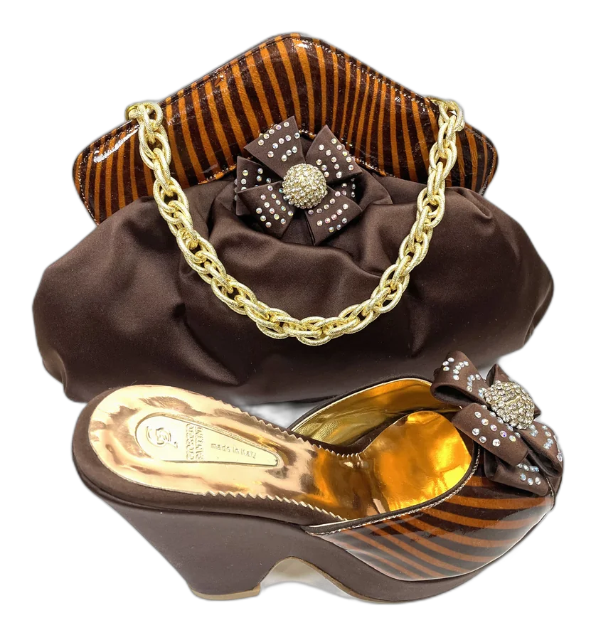Chocolate Satin Wedge & Clutch Set