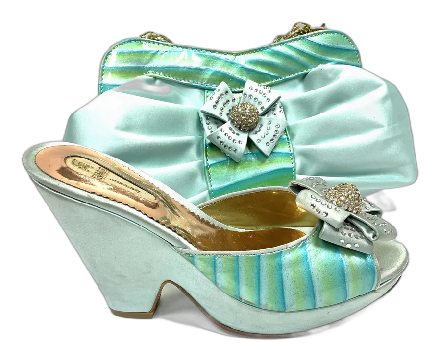 Mint Bow Wedge & Clutch Set