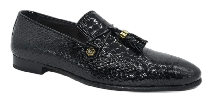 Black Textured Tassel Loafers