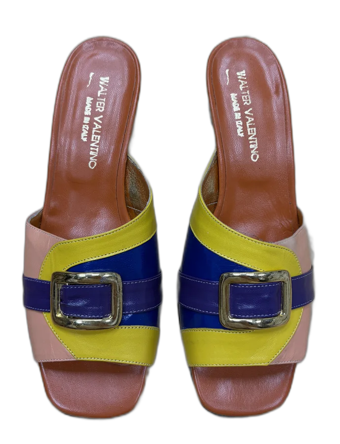 Blue Yellow Buckle Mules